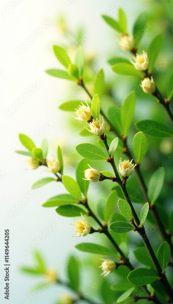 Blooming privet twigs in row isolated on white background with slight blur, warm glow, greenery, soft focus Blooming privet twigs in row isolated on white background with slight blur, warm glow, greenery, soft focus