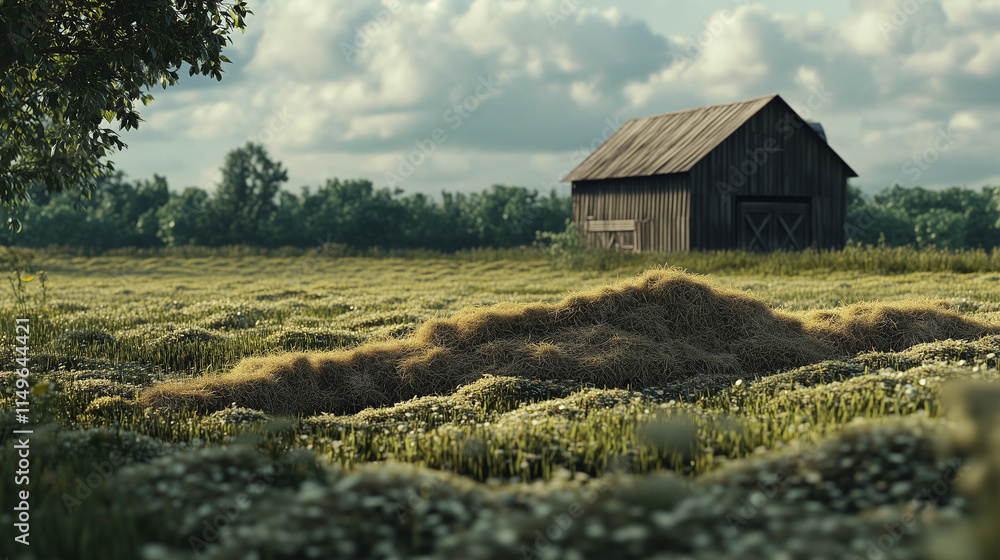Fototapeta premium Pole pełne siana z dużymi stertami w pierwszym planie, a w tle spokojnie stojąca stodoła, tworzące sielankowy, spokojny krajobraz.