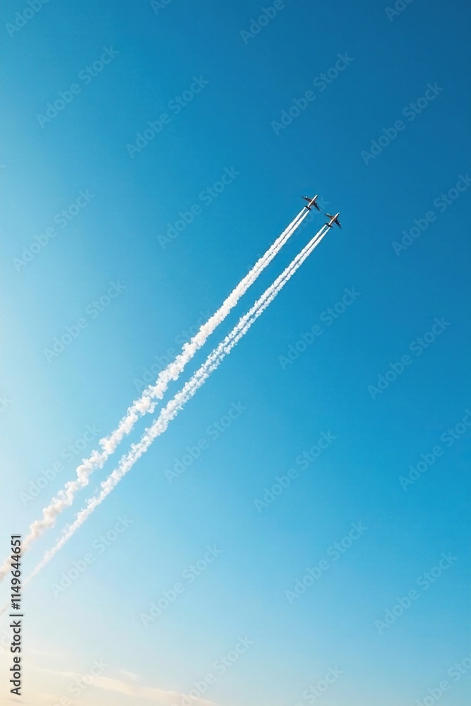 Contrails from airplanes against the bright clear blue of the sky, aircraft, weather phenomena, clear blue sky Contrails from airplanes against the bright clear blue of the sky, aircraft, weather phenomena, clear blue sky