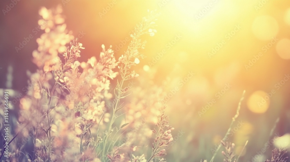 Grass and wildflowers in sunlight in medow. Natural background and texture. Retro image tone Grass and wildflowers in sunlight in medow. Natural background and texture. Retro image tone
