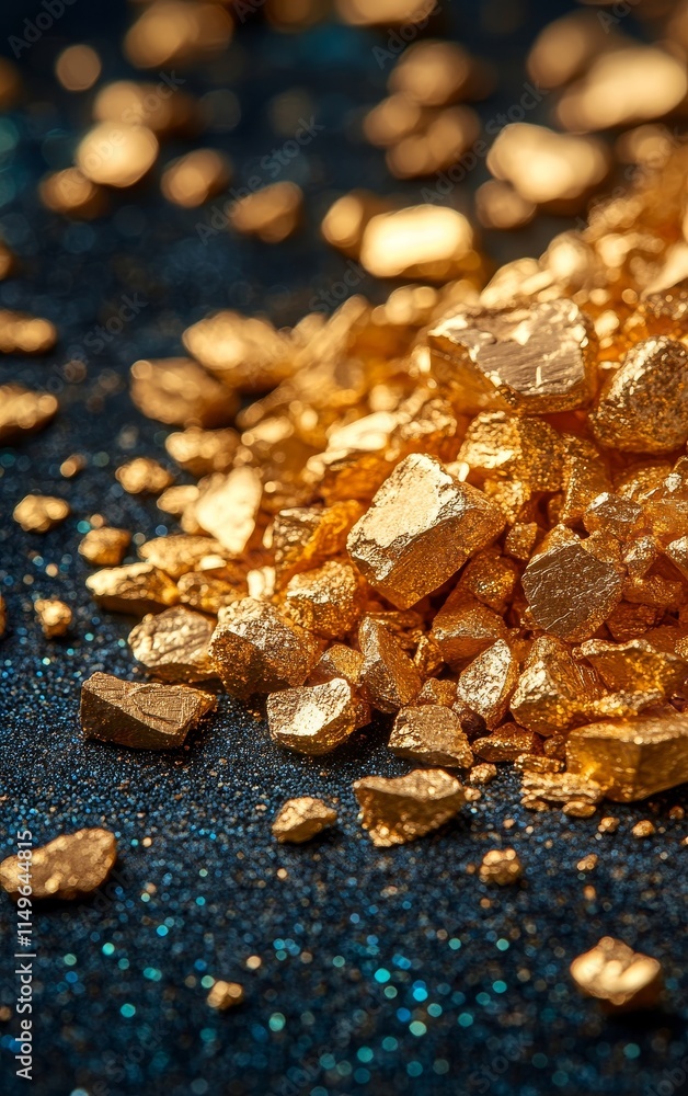 A close-up of shimmering gold flakes scattered on a dark, glittery surface, showcasing their rich texture and vibrant color. A close-up of shimmering gold flakes scattered on a dark, glittery surface, showcasing their rich texture and vibrant color.