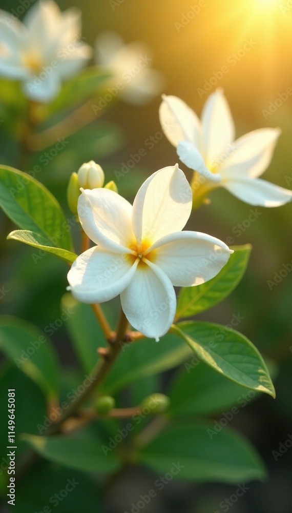 Delicate jasmine flowers unfold in the warm sunlight of a summer day, blossoms, blossom, natural beauty Delicate jasmine flowers unfold in the warm sunlight of a summer day, blossoms, blossom, natural beauty