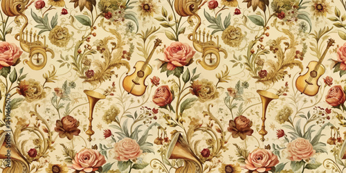 A vibrant floral pattern featuring musical elements, perfect for home decor.
