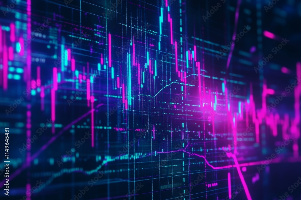 Cryptocurrency trading analysis with neon candlestick chart on dark blue background for investors Cryptocurrency trading analysis with neon candlestick chart on dark blue background for investors