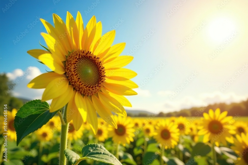 Full-frame image of a sunflower in full bloom with bright yellow petals, sunlight, landscape Full-frame image of a sunflower in full bloom with bright yellow petals, sunlight, landscape