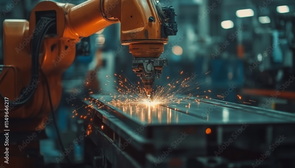 A robotic arm conducts precision cutting, creating sparks in a modern manufacturing environment. A robotic arm conducts precision cutting, creating sparks in a modern manufacturing environment.