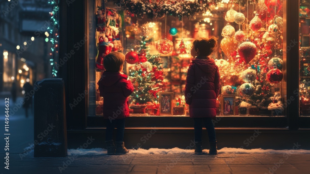 Two kids admire the Christmas decorations in a shop window on a winter evening Two kids admire the Christmas decorations in a shop window on a winter evening