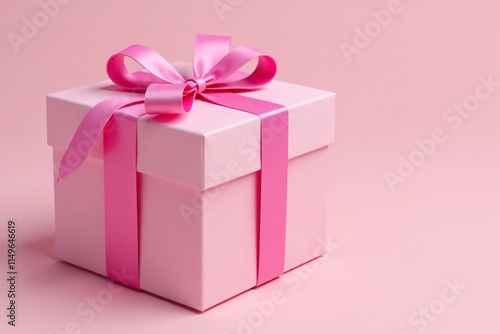 Pastel pink gift box with a bright neon ribbon tied at the top, pink ribbon, present box
