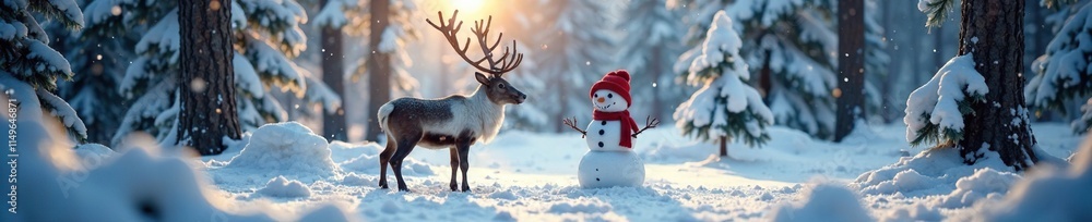 Reindeer and snowman in snowy forest clearing, wintry atmosphere, snowman Reindeer and snowman in snowy forest clearing, wintry atmosphere, snowman