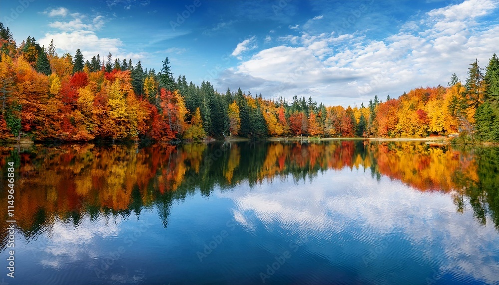 Fototapeta premium Generated image A tranquil lake reflects the vibrant colors of an autumn forest, creating a surreal