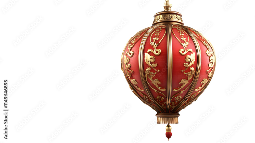 A red Chinese lantern with intricate gold designs, isolated on white A red Chinese lantern with intricate gold designs, isolated on white