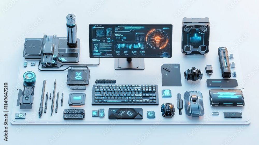 Futuristic Desk Setup with 3D Rendered Tools Futuristic Desk Setup with 3D Rendered Tools