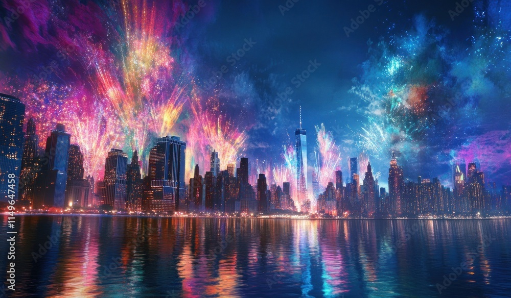 Vibrant fireworks illuminate NYC skyline at night, reflected in calm water. Vibrant fireworks illuminate NYC skyline at night, reflected in calm water.