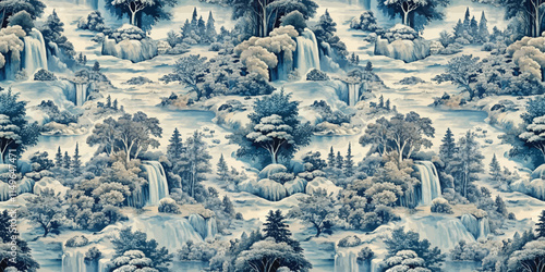 Serene blue and white landscape featuring cascading waterfalls and lush greenery.