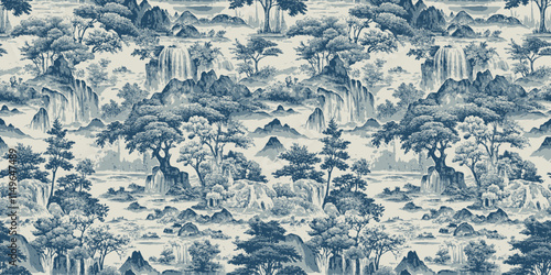 Elegant blue and white landscape pattern featuring serene mountains and trees.