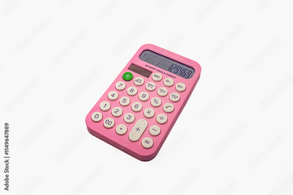 A pink calculator with white buttons. It features basic arithmetic functions and additional memory and correction keys A pink calculator with white buttons. It features basic arithmetic functions and additional memory and correction keys