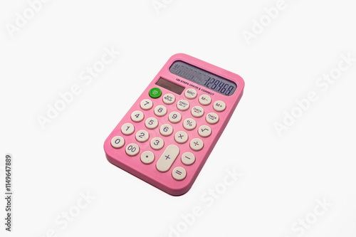 A pink calculator with white buttons. It features basic arithmetic functions and additional memory and correction keys photo