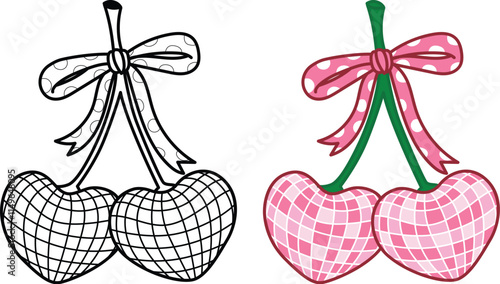 Pink polka dot bow ribbon with night club disco heart or cheery shape balls clipart coquette aesthetic for design element or coloring page. Vector illustration.