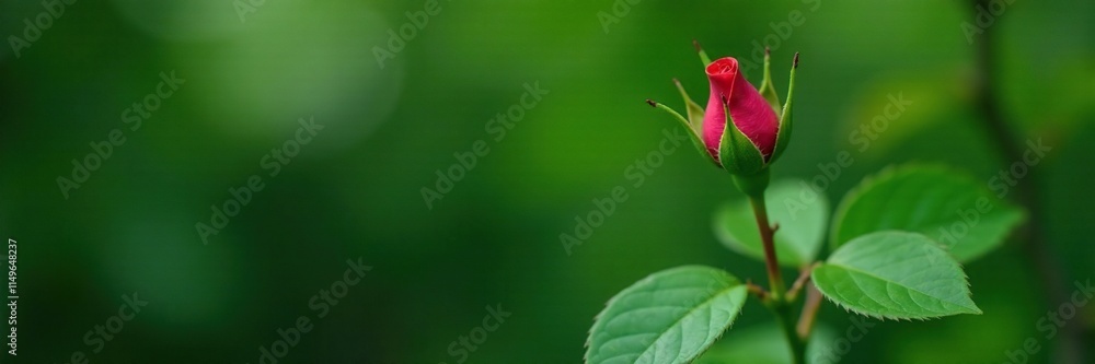 A solitary rose bud on a branch with emerald green leaves, nature, leaf, foliage A solitary rose bud on a branch with emerald green leaves, nature, leaf, foliage