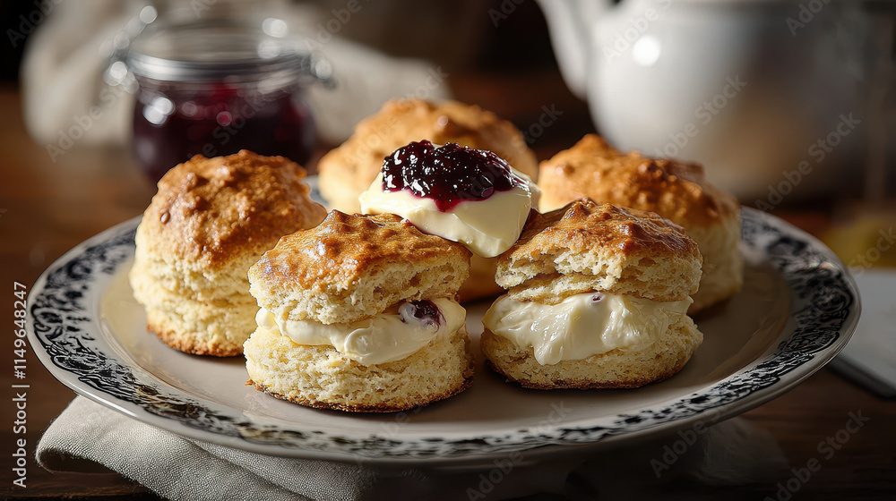 Delicious British Scones with Jam and Butter on Porcelain Plate for High Tea Delicious British Scones with Jam and Butter on Porcelain Plate for High Tea