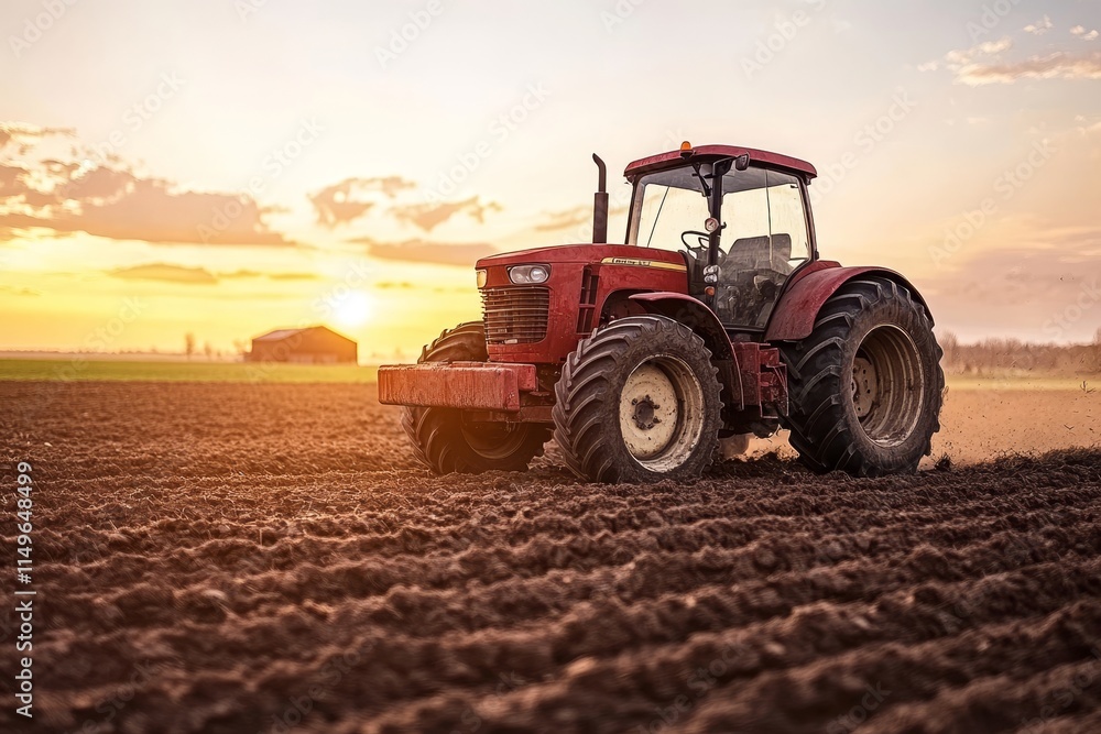 Nostalgic rural scene rusty red tractor in sunset field with barn and golden light glow Nostalgic rural scene rusty red tractor in sunset field with barn and golden light glow