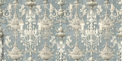 Elegant vintage wallpaper featuring chandeliers and intricate floral designs.