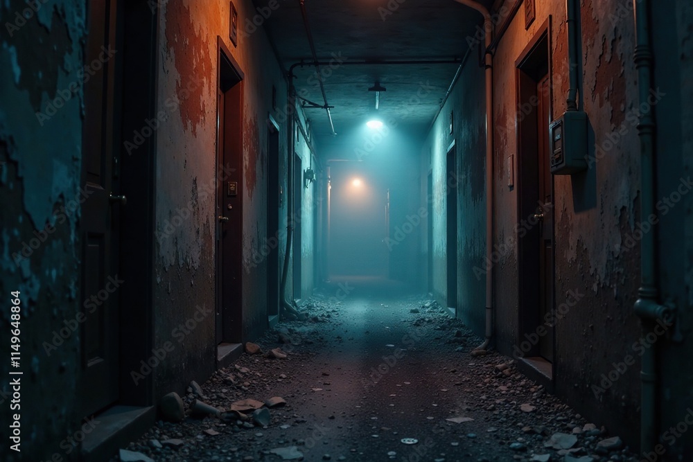 Dark and foreboding fog in an abandoned alley, crumbling, peeling paint, dark Dark and foreboding fog in an abandoned alley, crumbling, peeling paint, dark