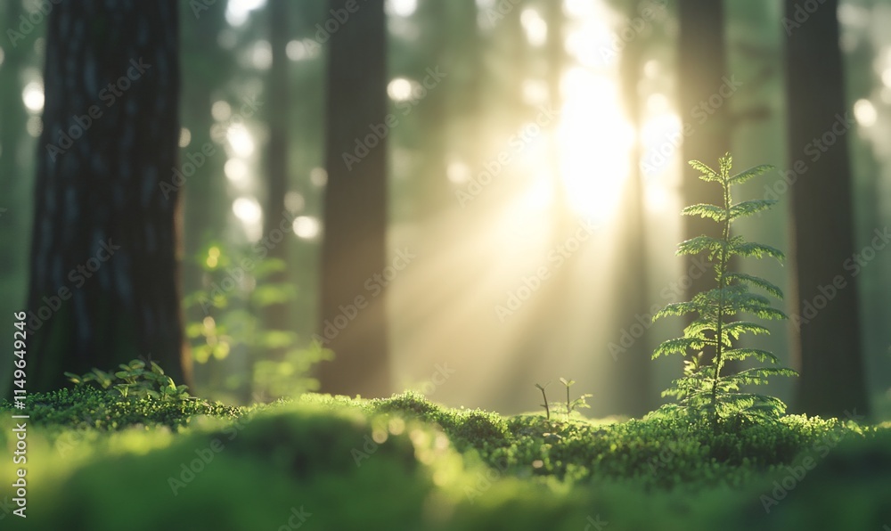 Fototapeta premium Sun rays illuminate a young conifer in a lush forest.