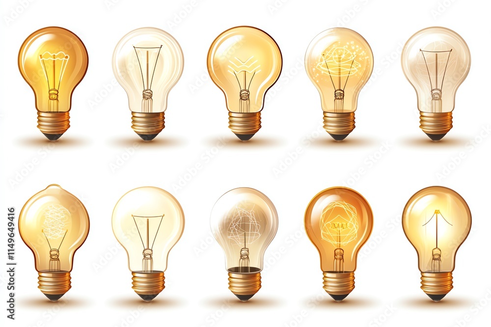 A set of 10 realistic light bulbs with different glowing elements inside. A set of 10 realistic light bulbs with different glowing elements inside.