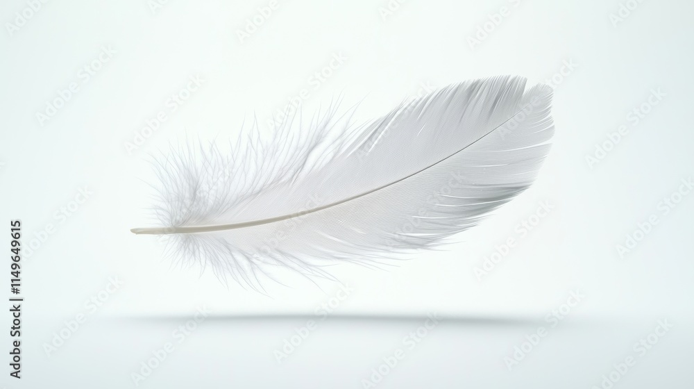Fototapeta premium A delicate white feather gently floating against a soft, light background, symbolizing lightness and tranquility.