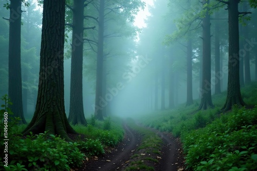 Foggy forest trail with mist swirling around tree trunks, greenery, fog, forest trail photo