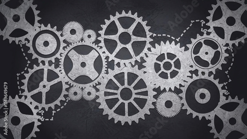 A creative silhouette formed from gears and cogs, symbolizing the interconnectedness of ideas, technology, and business processes, perfect for innovation and teamwork themes. 