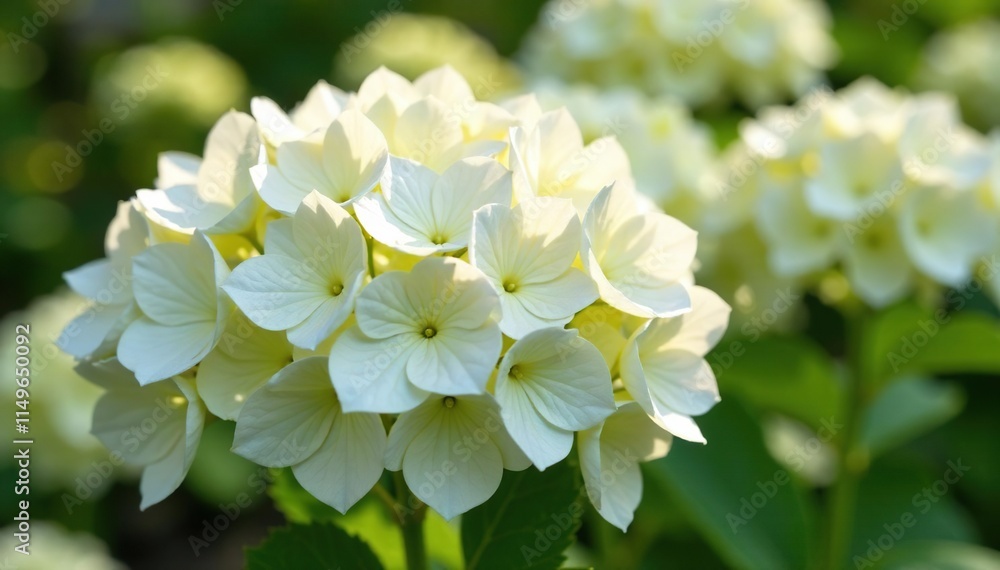 Large white hydrangea flowers blooming in a garden on a sunny summer day, floral arrangements, summer garden Large white hydrangea flowers blooming in a garden on a sunny summer day, floral arrangements, summer garden