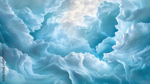 A surreal depiction of soft, billowing clouds filling the sky, intricate textures forming waves of depth and dimension, illuminated by gentle sunlight from above. The scene exudes calm and wonder, wit photo