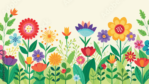 Seamless flower garden border, colorful spring floral frame vector
