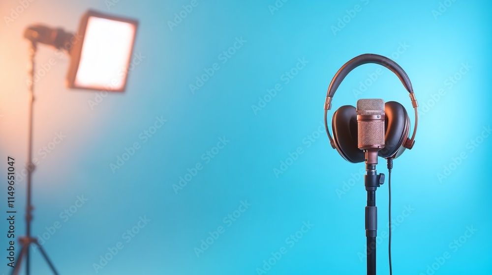 Fototapeta premium Studio microphone and headphones on stand, light in background.