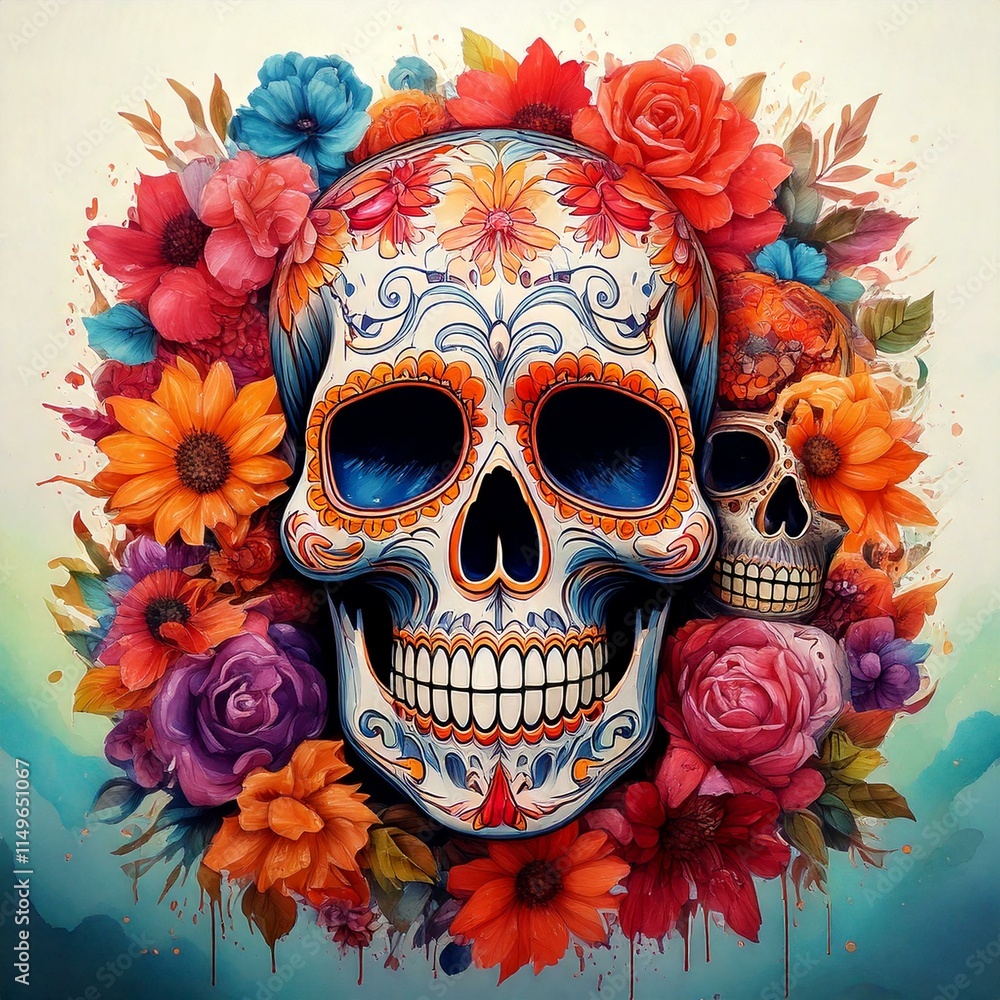 Illustration of vibrant Dia de los Muertos skulls with watercolor flowers Illustration of vibrant Dia de los Muertos skulls with watercolor flowers