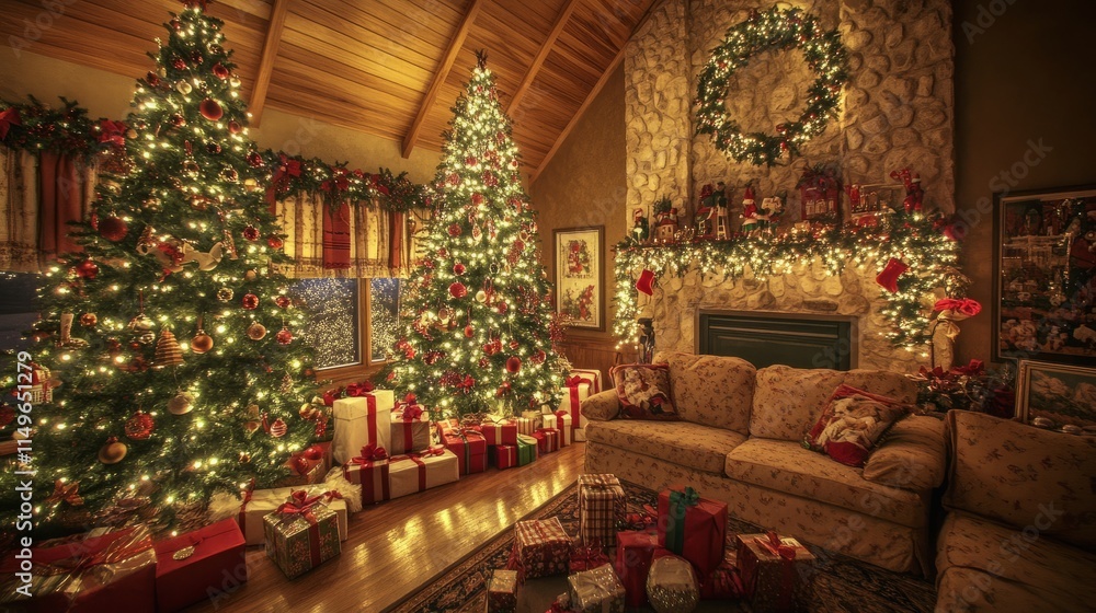 Festive living room with a comfortable couch, two Christmas trees adorned with ornaments and lights, and gifts perfectly placed beneath. Festive living room with a comfortable couch, two Christmas trees adorned with ornaments and lights, and gifts perfectly placed beneath.