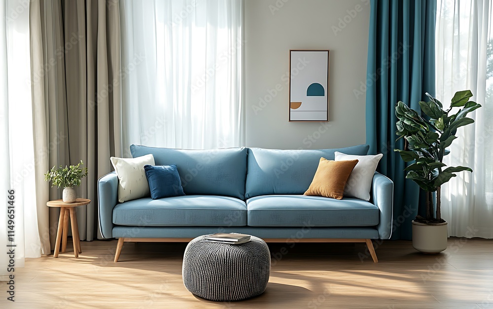 Modern living room interior with blue sofa, wooden floor, plants, and natural light. Modern living room interior with blue sofa, wooden floor, plants, and natural light.