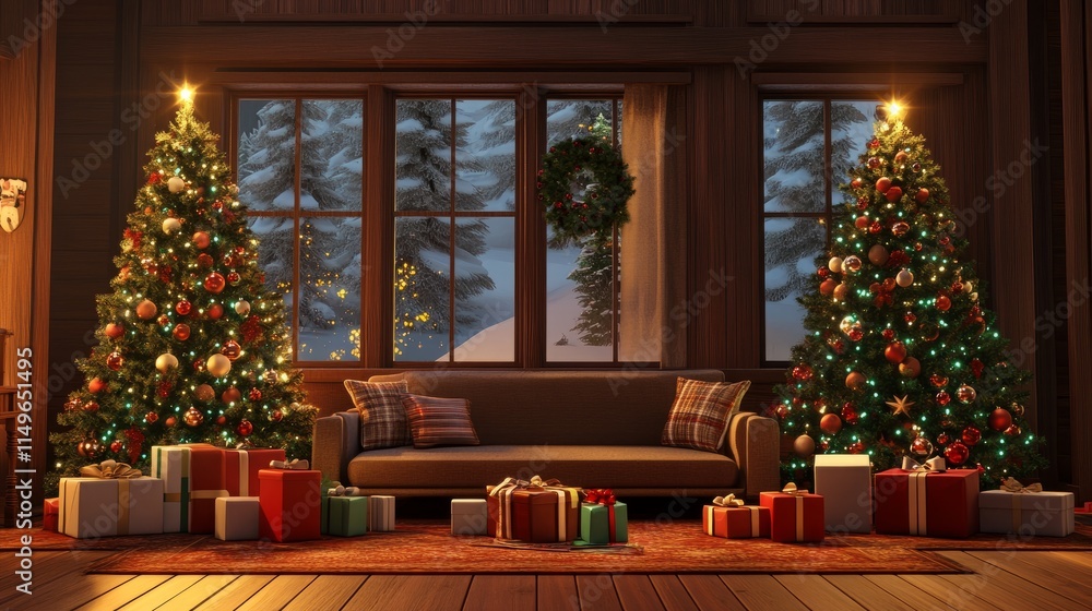 Obraz premium Festive living room with a cozy couch, two Christmas trees shimmering with lights and ornaments, and beautifully wrapped gifts beneath.