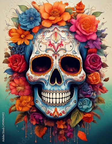 Illustration of vibrant Dia de los Muertos skulls with watercolor flowers