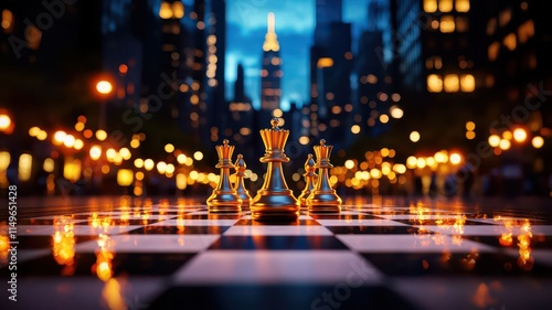 Investor Lawsuit concept. A vibrant cityscape featuring a large chessboard and illuminated chess pieces at dusk.