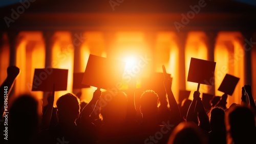 Wallpaper Mural Investor Lawsuit concept. Silhouettes of protesters holding signs against a glowing sunset backdrop, capturing a moment of activism and solidarity. Torontodigital.ca