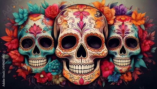 Illustration of vibrant Dia de los Muertos skulls with watercolor flowers