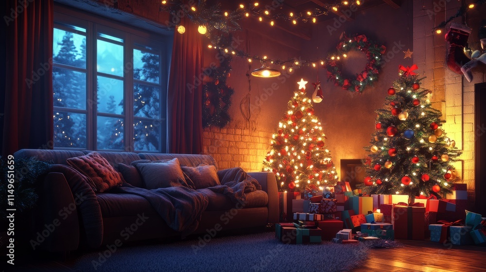 Warm and festive living room with a couch, two decorated Christmas trees, gifts piled underneath, and glowing string lights creating a magical atmosphere. Warm and festive living room with a couch, two decorated Christmas trees, gifts piled underneath, and glowing string lights creating a magical atmosphere.