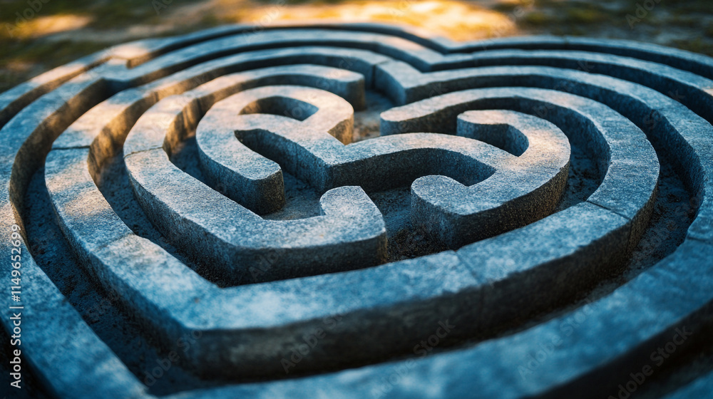Unique heart-shaped stone labyrinth located in a serene garden setting. Unique heart-shaped stone labyrinth located in a serene garden setting.