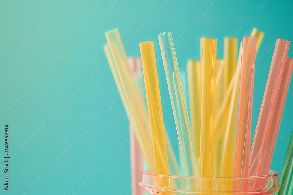 Colorful plastic straws stand in a cup against a teal background, creating a vibrant and playful image Colorful plastic straws stand in a cup against a teal background, creating a vibrant and playful image