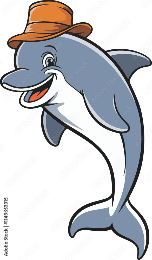 Fototapeta premium A fun and cute cartoon dolphin swimming in the ocean with a playful silhouette