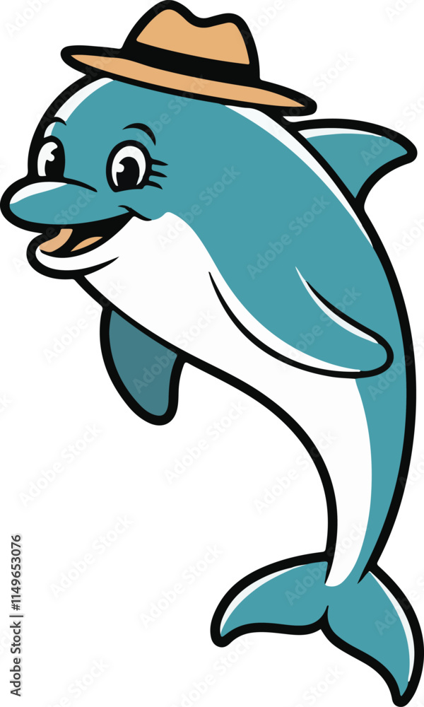 Fototapeta premium A fun and cute cartoon dolphin swimming in the ocean with a playful silhouette