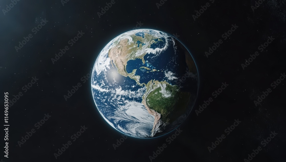 Obraz premium 地球全体が宇宙に浮かぶ様子を捉えた美しい眺め、北米と南米が見える